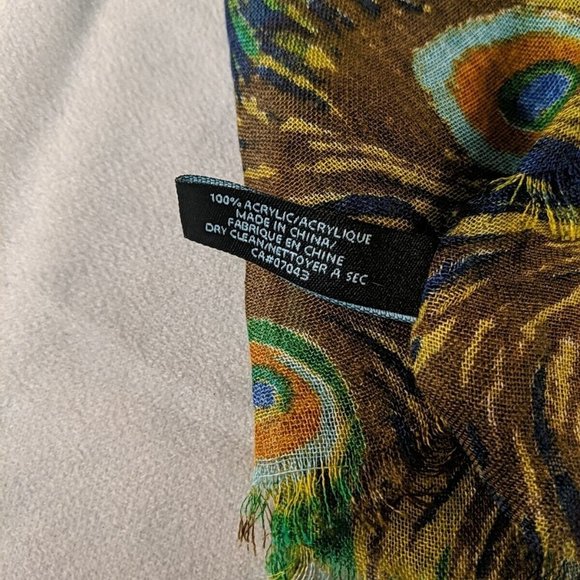 Cynthia Rowley Peacock Print Scarf Fringed Hem Loose Lightweight Fall Woven Bird - Picture 4 of 9